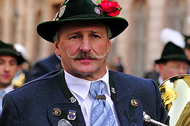 Bavarian man wearing a traditional costume during the Trachtenumzug, traditional costume parade, to the Octoberfest, Munich, Bavaria, Germany, Europe