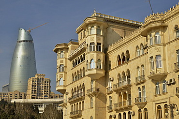 Art Nouveau facade at the beach promenade, Bulevar, in front of the facade of one of the high-rise towers of the three Flame Towers, the new landmark of the city, Baku, Azerbaijan, Caucasus, Middle East, Asia