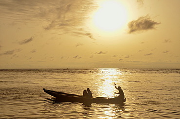 Excursion boat at sunset, near Kribi, Cameroon, Central Africa, Africa