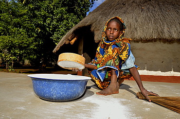 Young girl in the village of Idool sifting flour, near NgaoundâˆšÂ©râˆšÂ©, Cameroon, Central Africa, Africa