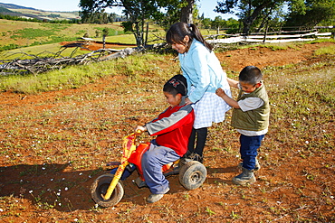 Two boys playing with a tricycle, Mapuche Indians, near Concepcion, Southern Chile, Chile, South America