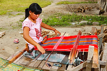 Woman at a loom, Batak culture, Samosir island, Lake Toba, Batak region, Sumatra, Indonesia, Asia