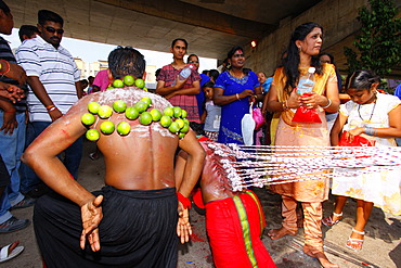 Pilgrim with spiritual piercings starting his walk, Hindu festival Thaipusam, Batu Caves limestone caves and temples, Kuala Lumpur, Malaysia, Southeast Asia, Asia