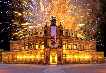 Semperoper opera, with banners, at Theaterplatz square, fireworks, Dresden, Saxony, Germany, Europe