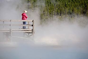 Tourist on a boardwalk amidst the steam of the springs and geysers, Black Sand Basin, Upper Geyser Basin, Yellowstone National Park, Wyoming, United States of America, USA