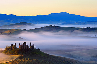 The Belvedere at dawn, morning fog, San Quirico d'Orcia, Val d'Orcia, Orcia Valley, UNESCO World Heritage Site, Siena Province, Tuscany, Italy, Europe