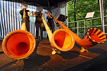 Alphorn trio of the Duisburger Philharmoniker philharmonic orchestra, ExtraSchicht festival, Landschaftspark landscape park Duisburg-Nord, Meiderich, North Rhine-Westphalia, Germany, Europe