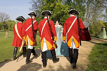 Men wearing Prussian infantry uniform, members of the community of interests for historical performance of the 18th century, moated castle Linn, Krefeld, NRW, Germany