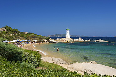 Beach of Porto Faro with the lighthouse on cape Capo d'Orso, Sardinia, Italy, Europe