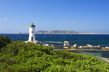 Beach of Porto Faro with the lighthouse on cape Capo d'Orso, Sardinia, Italy, Europe