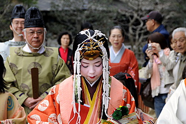 Saio dai, main character of the Aoi Festival, with extremely expensive Kimono, going to a Shinto ceremony in the Kamigamo Shrine, Kyoto, Japan, Asia