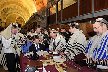 Bar Mitzvah, Jewish coming of age ritual, public reading from the Books of the Prophets, Haftarah, underground part of the Western Wall or Wailing Wall, Old City of Jerusalem, Arab Quarter, Israel, Middle East