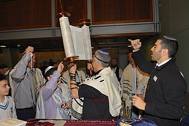 Bar Mitzvah, Jewish coming of age ritual, men holding up Torah scroll, Western Wall or Wailing Wall, Old City of Jerusalem, Arab Quarter, Israel, Middle East