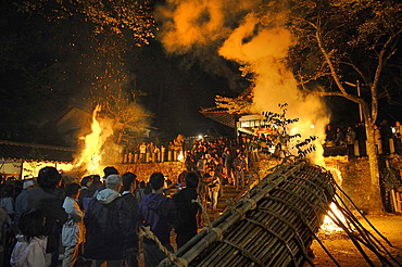 12 meters large bamboo torches are lit at the Shinto shrine at the Autumn Matsuri, religious festival, Iwakura in Kyoto, Japan, Asia