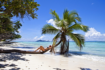 Woman lying on a coconut tree, Anse La Passe, Silhouette Island, Seychelles, Africa, Indian Ocean