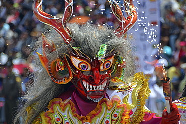 Mask at the largest Indio carnival in the world, Diablada, Dance of the Devils, living UNESCO World Heritage Site, Oruro, Bolivia, South America