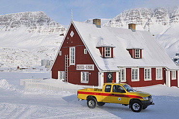 Pickup in front of the Hotel disco, Qeqertarsuaq or Disko Island, Greenland, Arctic North America