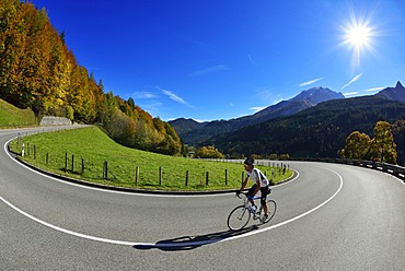 Cyclist riding along the Hochalpenstrasse, a high alpine road between Bischofswiesen and Berchtesgaden, Upper Bavaria, Bavaria, Germany, Europe