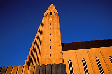 Midnight sun at Hallgrimskirkja church of church of Hallgrimur, landmark of Reykjavik, Iceland, Europe