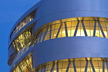 Mercedes-Benz Museum in the evening, illuminated, modern architecture, Daimler, Bad Cannstatt, Stuttgart, Baden-Wuerttemberg, Germany, Europe