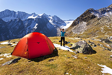 Tent in the Stubai Alps, Lake Rinnensee, Tyrol, Austria, Europe