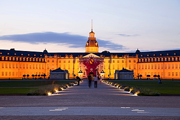 Illuminated Karlsruhe Palace, Karlsruhe, Baden-Wuerttemberg, Germany, Europe