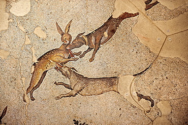 6th century Byzantine Roman hare hunt mosaics from the peristyle of the Great Palace from the reign of Emperor Justinian I., Istanbul, Turkey