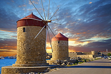 Windmills and walls of Rhodes, UNESCO World Heritage Site, Greece, Europe