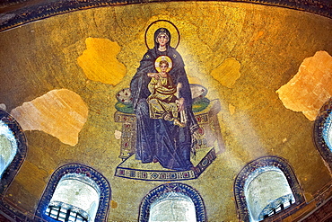 Byzantine mosaic of the Virgin and Child, the first of the post-iconoclastic mosaics inaugurated on 29 March 867 by Patriarch Photius and the emperors Michael III. and Basil I., Hagia Sophia, Istanbul, Turkey