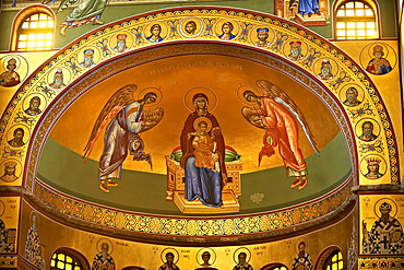 Reconstructed Byzantine style frescos of the 4th century AD, 3-aisled Romanesque basilica of Saint Demetrius, or Hagios Demetrios,             a Palaeochristian and Byzantine Monument of Thessaloniki, UNESCO World Heritage Site, Greece, Europe