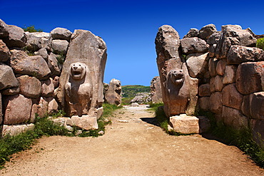 Hittite relief sculpture on the Lion gate to the Hittite capital, Hattusa, Turkey