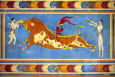 Bull-leaping fresco, reconstruction by Arthur Evans, Knossos, Minoan archaeological site, Crete, Greece, Europe