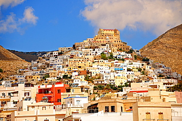 The Venetian city quarter of Ano Syros topped by the Catholic basilica of San Giorgio, Syros, Cyclades Islands, Greece, Europe