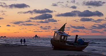 Fishing boat on the beach in the evening, Ahlbeck, Usedom Island, Mecklenburg-Western Pomerania, Germany, Europe