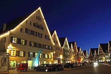 Houses on the Marktplatz market square at the blue hour, Biberach an der Riss, Upper Swabia, Baden-Wuerttemberg, Germany, Europe