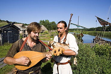 Musicians playing in an amusement park, slavic village, Ukranenland, Torgelow, Mecklenburg-Western Pomerania, Germany, Europe