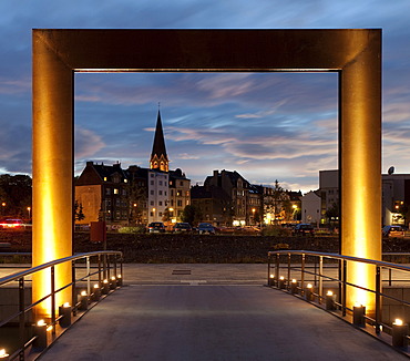 Entrance to Kulturinsel, the cultural island in Phoenix Lake with views towards the Hoerde district at dusk, Dortmund, North Rhine-Westphalia, Germany, Europe, PublicGround