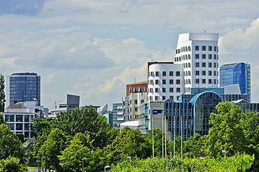 The WDR building and the Gehry buildings, Medienhafen district, Duesseldorf, North Rhine-Westphalia, Germany, Europe