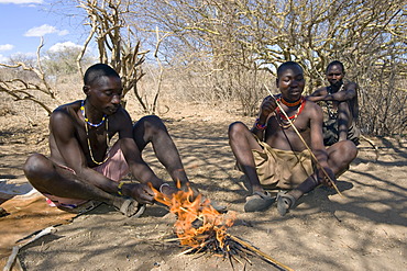 Men of the Hadzabe tribe are making hunting arrows, Lake Eyasi, Tanzania, Africa