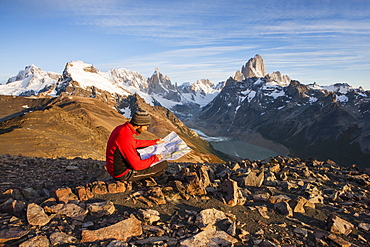 Hiker at the Loma del Pliegue Tumbado, views of Cerro Torre and the Fitz Roy massif, Los Glaciares National Park, El ChaltÃ¢Ë†Å¡Ã‚Â©n, Santa Cruz, Argentina