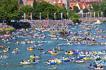 Themed boats at the "Nabada" boat parade on "Schwâˆšâˆ‚rmontag", a traditional Ulm holiday, Danube, Ulm, Baden-Wuerttemberg, Germany, Europe, PublicGround