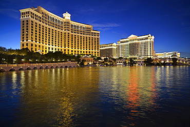 Night shot, Bellagio, Caesars Palace, The Mirage, luxury hotels and casinos, Las Vegas, Nevada, USA, PublicGround