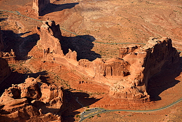 Aerial view, Park Avenue Trailhead and Viewpoint, Courthouse Tower, Courthouse Towers section, scenic road, Arches National Park, Moab, Utah, United States of America, USA