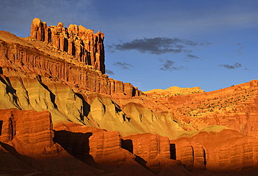 Last daylight at The Castle Rock, sunset after a thunderstorm, Capitol Reef National Park, Utah, Southwestern USA, USA