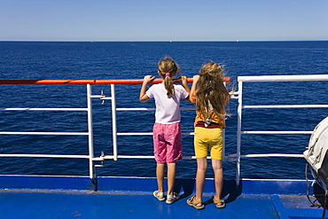 Children at a guardrail, ferryboat, Italy, Mediterranean, Europe