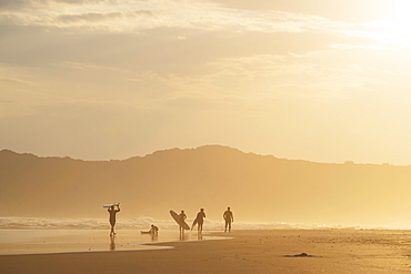 Surfer in the evening in backlight, beach at Sedgefield, South Africa, Africa