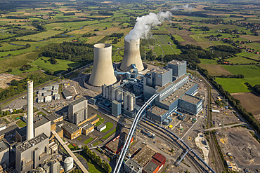 Aerial view, Westfalen RWE power plant, RWE Power coal-fired power station, next to the former THTR nuclear power plant, Hamm, Ruhr district, North Rhine-Westphalia, Germany, Europe