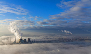 Aerial view, low clouds, Gersteinwerk of RWE Power, coal-fired power plant, temperature inversion, Bockum-HÃƒÂ¶vel, Hamm, Ruhr Area, North Rhine-Westphalia, Germany, Europe