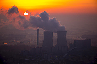 Westfalen coal-fired power plant of RWE Power in the sunrise, Hamm, Ruhr district, North Rhine-Westphalia, Germany, Europe