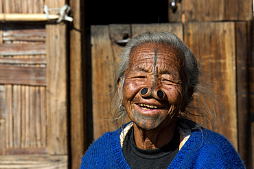 Woman of the Apatani people, with nose plugs, Hapoli, Arunachal Pradesh, India, Asia